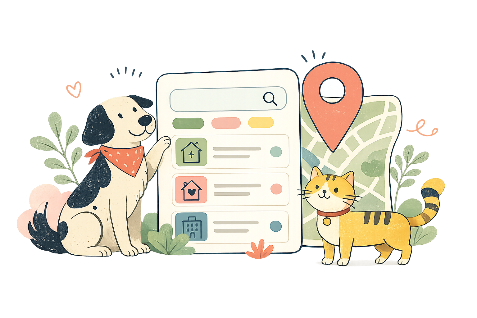 Illustration of pets beside a search card and map pin to represent finding a local vet